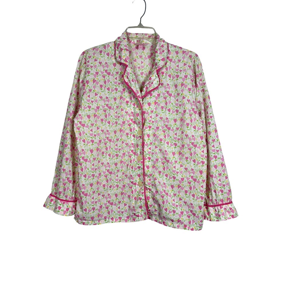 Lilly Pulitzer Womens Pink Heart Floral Cotton Pajama Top Button Front Size M